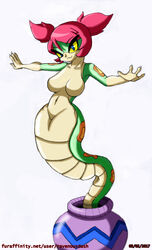  2017 4_fingers anthro apode blue_eyes breasts claws colored container draconcopode female fingers green_body green_skin hair hi_res jar legless looking_at_viewer monster_girl_(genre) naga navel non-mammal_breasts pottery ravenousdash red_hair reptile scalie serpentine shantae:_half-genie_hero shantae_(series) simple_background smile snake solo standing tuki_(shantae) twintails vase wayforward white_background white_body white_skin yellow_sclera 