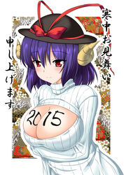  alternate_costume body_writing bow breast_lift breasts cleavage cleavage_cutout clothing_cutout commentary_request crossed_arms female gonzaburo happy_new_year hat hat_bow highres horns large_breasts long_sleeves meme_attire nagae_iku new_year open-chest_sweater photoshop_(medium) purple_hair red_eyes ribbed_sweater sheep_horns smile solo sweater touhou turtleneck 