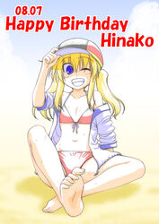  barefoot beach bikini blonde_hair blue_eyes commentary_request dated female grin happy_birthday hat jacket long_riders! looking_at_viewer miyake_taishi navel off_shoulder one_eye_closed open_clothes open_jacket photoshop_(medium) pink_bikini purple_eyes saijou_hinako sidelocks sitting smile solo sweat swimsuit two_side_up 