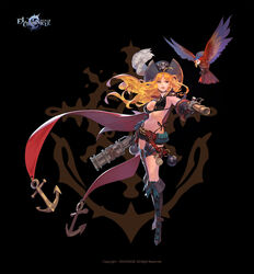  ahoge anchor antique_firearm bird black_gloves blush boots breasts cape cleavage cross-laced_footwear dual_wielding el_chronicle explosive firearm firelock flintlock full_body gloves green_eyes grenade gun handgun hat highleg highleg_panties highres holding knee_boots lace-up_boots letta long_hair md5_mismatch medium_breasts official_art panties parrot pirate pirate_hat revealing_clothes short_shorts shorts side-tie_panties single_thighhigh skull_and_crossbones solo thighhighs underwear weapon 