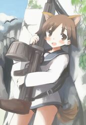  :d animal_ears bad_id bad_pixiv_id bird brown_eyes brown_hair dog_ears dog_girl dog_tail drum_magazine female gun looking_at_viewer machine_gun magazine_(weapon) miyafuji_yoshika oimu_(ununsan) open_mouth smile solo strike_witches tail weapon world_witches_series 