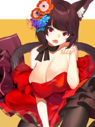  animal_ear_fluff animal_ears azur_lane bare_shoulders black_hair black_pantyhose breasts cat_ears cat_tail cleavage commentary_request dress female flower hair_flower hair_ornament highres j_na looking_at_viewer mismatched_eyebrows oerba_yun_fang official_alternate_costume open_mouth pantyhose paw_pose red_dress red_eyes short_hair solo strapless strapless_dress tail yamashiro_(azur_lane) yamashiro_(dressy_black_cat)_(azur_lane) 