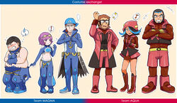  2girls 4boys archie_(pokemon) archie_(pokemon)_(cosplay) blush commentary_request cosplay costume_switch courtney_(pokemon) courtney_(pokemon)_(cosplay) eighth_note grin height_difference matt_(pokemon) matt_(pokemon)_(cosplay) maxie_(pokemon) maxie_(pokemon)_(cosplay) multiple_boys multiple_girls musical_note pokemon pokemon_oras shelly_(pokemon) shelly_(pokemon)_(cosplay) smile speech_bubble spoken_musical_note spoken_sparkle spoken_sweatdrop sweatdrop tabitha_(pokemon) tabitha_(pokemon)_(cosplay) team_aqua team_aqua_uniform team_magma team_magma_uniform toraneko_(38) uniform 