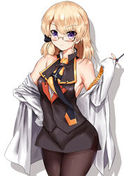  abanzer_n absurdres alternate_costume azur_lane bare_shoulders black_pantyhose black_skirt blonde_hair blush bow breasts commentary_request female frown glasses hairbow highres lab_coat looking_at_viewer miniskirt necktie off_shoulder official_alternate_costume pantyhose pencil_skirt pointer purple_eyes short_hair sideboob skirt small_breasts solo thighs turtleneck z23_(azur_lane) z23_(philosophy_sensei)_(azur_lane) 