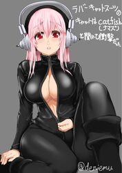  biker_clothes bikesuit blush bodysuit breasts cleavage commentary_request deni_m female headphones large_breasts long_hair looking_at_viewer nitroplus open_mouth pink_hair red_eyes solo super_sonico unzipping zipper 