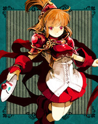  armor armored_dress boots brown_hair commentary_request doppelganger_arle female half_updo kokuzu madou_monogatari mask photoshop_(medium) puyopuyo puyopuyo~n red_armor red_eyes red_wrist_cuffs short_hair skirt smile solo wrist_cuffs 