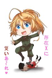  ahoge anger_vein being_x blonde_hair blue_eyes boots check_translation chibi commentary_request cross female hal_(goshujinomocha) highres iron_cross military military_uniform nutcracker ponytail solo stepped_on tanya_degurechaff translation_request uniform youjo_senki 