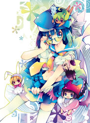  5girls adjusting_eyewear animal_costume bad_id bad_pixiv_id beetle beret black_hair blonde_hair blue_eyes blue_hair braid bug chibi club_(weapon) dark-skinned_female dark_skin fingernails glasses green_hair hair_ribbon hat highres horns kanabou long_hair midriff multiple_girls navel oni_horns original photoshop_(medium) purple_eyes rabbit_costume ribbon sana.c school_uniform short_hair smile spiked_club thighhighs weapon white_legwear 