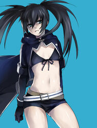  ass belt bikini bikini_top_only black_bikini black_cloak black_gloves black_hair black_ribbon black_rock_shooter black_rock_shooter_(character) black_shorts blue_background breasts cloak commentary_request cowboy_shot female floating_hair front-tie_bikini_top front-tie_top gloves green_eyes hair_between_eyes long_hair midriff navel no_shirt ribbon shiny_skin shiromi_(ringo) short_shorts shorts simple_background small_breasts solo standing stomach swimsuit twintails 