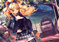  black_thighhighs blonde_hair bow breasts chinese_commentary cleavage commentary_request dutch_angle female green_eyes hair_ornament hair_ribbon hairbow hairclip hands_on_own_hips highres leung_ka_che long_hair looking_at_viewer medium_breasts original outdoors plaid plaid_skirt pleated_skirt ponytail railroad_signal railroad_tracks ribbon sign skirt smile solo thighhighs train zettai_ryouiki 