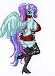  anthro anthrofied arm_warmers armwear ass bare_back big_breasts biped blue_body blue_hair blue_skin boots breasts clothing cloud_splitter colored equid equine eyelashes fan_character feathered_wings feathers female footwear hair half-closed_eyes hasbro hi_res high_heeled_boots high_heels legwear looking_at_viewer mammal meme meme_clothing multicolored_hair my_little_pony mythological_creature mythological_equine mythology narrowed_eyes open_mouth pegasus pink_hair ravenousdash shoes simple_background smile solo standing straps sweater thick_thighs thigh_boots thigh_highs tongue topwear two_tone_hair virgin_killer_sweater white_background wide_hips wings 