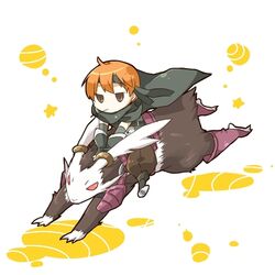  1boy animal_ears brown_hair bunny bunny_ears carrying female fire_emblem fire_emblem:_kakusei gaia_(fire_emblem) headband lowres orange_hair rabbit solid_circle_eyes velvet_(fire_emblem) 