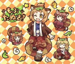  4girls :3 :o ;d =_= animal_ears blonde_hair brown_eyes brown_hair commentary_request extra freckled_tanuki jacket leaf leaf_on_head light_brown_hair multiple_girls oerba_yun_fang one_eye_closed open_mouth pants paw_print pigtailed_tanuki pote_(ptkan) raccoon_ears raccoon_tail short_hair sitting slit-eyed_tanuki smile tail tanuki tanuki_mob_(touhou) topknot_tanuki touhou wild_and_horned_hermit yellow_eyes 