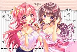  2girls artist_name bad_id bad_twitter_id blue_pants blush bow breasts character_name cleavage collarbone commentary_request cup curly_hair dress drinking_straw earrings frilled_shirt frills hair_between_eyes hairbow holding holding_cup honoka_chiffon hoop_earrings jewelry light_brown_hair long_hair low_twintails medium_breasts midriff moka_(honoka_chiffon) multiple_girls oerba_yun_fang off-shoulder_dress off-shoulder_shirt off_shoulder one_side_up open_mouth original pants pink_bow pink_hair purple_eyes red_bow red_eyes rose_(honoka_chiffon) scrunchie shirt skirt sleeveless sleeveless_dress sleeveless_shirt smile triangle_mouth twintails v very_long_hair waist_bow wavy_hair white_dress white_shirt white_skirt wrist_scrunchie yellow_bow yellow_scrunchie 