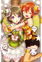  2girls ;d arm_garter bamboo_steamer brown_hair bun_cover character_name chestnut_mouth chinese_clothes commentary_request detached_sleeves double_bun etsuo fingerless_gloves food frilled_legwear frills gloves hair_bun highres holding holding_food hoshizora_rin koizumi_hanayo love_live! love_live!_school_idol_project multiple_girls oerba_yun_fang one_eye_closed open_mouth orange_eyes orange_hair outstretched_arm panda purple_eyes short_hair skirt smile star_(symbol) striped_clothes striped_thighhighs thighhighs vertical-striped_clothes vertical-striped_thighhighs 