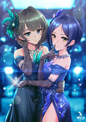  2girls artist_logo bare_shoulders black_hair blue_dress blue_eyes blue_gemstone blush body_blush bow bracelet breasts brown_hair collarbone dress earrings elbow_gloves eyelashes feather_hair_ornament feathers gem gloves green_bow green_dress green_eyes green_gemstone hair_ornament hairbow hand_in_own_hair hand_on_another&#039;s_hip hayami_kanade heterochromia highres idolmaster idolmaster_cinderella_girls idolmaster_cinderella_girls_starlight_stage image_sample index_finger_raised infinote jewelry looking_at_viewer medium_breasts mole mole_under_eye multiple_girls mysterious_eyes_(idolmaster) necklace open_mouth parted_bangs parted_lips pearl_bracelet pretty_liar_(idolmaster) purple_background short_hair side_slit simple_background smile sparkle swept_bangs takagaki_kaede tied_hair tumblr_sample yellow_eyes 