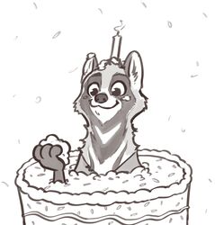  2018 :3 anthro birthday birthday_cake cake candle civet dessert food fuel_(artist) greyscale hi_res in_food male mammal monochrome pop_out_cake rob_(robcivecat) simple_background smile solo viverrid white_background 