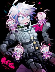  1boy ahoge android armor barbed_wire black_background black_gloves blonde_hair blowing_kiss blue_eyes character_name chibi choker commentary_request copyright_name danganronpa_(series) danganronpa_v3:_killing_harmony female fingerless_gloves gloves goggles goggles_on_head gomoku_(gomoku418) grey_hair heart iruma_miu k1-b0 letter long_hair love_letter power_armor school_uniform serafuku simple_background 