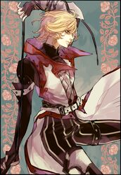  1boy androgynous armor bad_id bad_pixiv_id belt blonde_hair blue_eyes boots breastplate castlevania:_lament_of_innocence castlevania_(series) coat commentary_request elbow_gloves fingerless_gloves floral_background gloves green_background leon_belmont male_focus salt_(reincarnation) shirt solo whip 