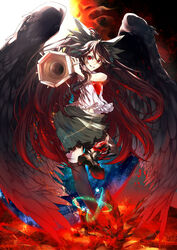  absurdres arm_cannon armor bird_wings boots bow brown_hair commentary_request female foreshortening full_body greaves green_skirt grin hairbow highres leg_lift long_hair ponytail red_eyes reiuji_utsuho senshuu_kou shirt skirt smile solo standing third_eye touhou very_long_hair weapon wings 