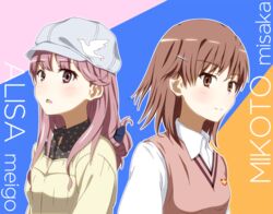  2girls brown_eyes brown_hair commentary_request hair_ornament hairpin hat long_hair meigo_arisa misaka_mikoto multiple_girls pink_hair rinkai_(mamepika8492) school_uniform toaru_majutsu_no_index toaru_majutsu_no_index:_endymion_no_kiseki tokiwadai_school_uniform 