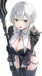  absurdres armor blush breasts cleavage female green_eyes hashtag-only_commentary highres hololive large_breasts long_sleeves looking_at_viewer mei_am0 nun official_alternate_costume open_mouth shirogane_noel shirogane_noel_(7th_costume) short_hair shoulder_armor simple_background solo thighhighs virtual_youtuber white_background white_hair 