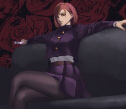  arms_spread assertive_female breasts confident_female disdain disgust disgusted disgusted_look dominant_female from_below ginger_hair jujutsu_kaisen kugisaki_nobara legs_crossed looking_down_at_viewer nylons pantyhose school_uniform sitting_on_chair sitting_on_counter skirt slim_waist 