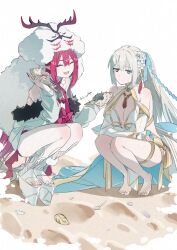  2girls antlers baobhan_sith_(fate) baobhan_sith_(swimsuit_pretender)_(fate) baobhan_sith_(swimsuit_pretender)_(first_ascension)_(fate) barefoot bikini blue_eyes blue_hair blue_nails blue_ribbon braid breasts cernunnos_(fate) character_hood cleavage closed_eyes detached_collar detached_sleeves fate/grand_order fate_(series) flower fur-trimmed_jacket fur_trim gold_trim hair_between_eyes hair_flower hair_ornament hair_ribbon headwear_with_attached_mittens highres holding holding_shell horns jacket long_sleeves morgan_le_fay_(fate) morgan_le_fay_(water_princess)_(fate) multicolored_hair multiple_girls nail_polish pink_hair platform_footwear platform_heels pointy_ears ponytail puffy_long_sleeves puffy_sleeves red_brooch red_nails ribbon sand seashell shell sidelocks smile soshin_(siriusalpc) squatting streaked_hair swimsuit thighlet white_bikini white_footwear white_hair white_jacket 