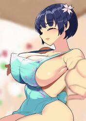  ^_^ amidori apron backless_outfit blue_hair blunt_bangs blurry blurry_background blush bowl_cut breasts cleavage closed_eyes collarbone depth_of_field female floral_print floral_print_apron flower foreshortening green_apron groin hair_flower hair_ornament happy highres huge_breasts incoming_hug indoors naked_apron outstretched_arms pink_flower senran_kagura senran_kagura_shinovi_versus shiny_skin short_hair sideboob smile solo spread_arms yozakura_(senran_kagura) 