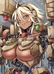  absurdres ahoge amputee android blonde_hair breasts cable commission dark-skinned_female dark_skin female giant giantess glass_cockpit highres large_breasts looking_at_viewer mecha mecha_musume mechanical_parts missile_pod original robot short_hair skeb_commission solo take_nii torso underboob yellow_eyes 