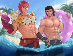  2boys abs alternate_costume arm_tattoo bara beach beach_umbrella bear beard_stubble bird blue_eyes blue_sky blurry blurry_background chair cloud drink facial_hair feet_out_of_frame fingerless_gloves flower flower_collar gauntlets gloves highres league_of_legends lifebuoy long_hair looking_at_viewer male_focus manly mature_male multiple_boys muscular muscular_male nipples ocean outdoors palm_tree pectorals pool pool_party_sett red_hair sand seagull senefisovo sett_(league_of_legends) shorts sky smirk spiked_hair stubble sunglasses swim_ring sylas_(league_of_legends) tattoo topless_male tree umbrella yellow_eyes 