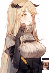  2019 aqua_jingche arknights arm_belt artist_name belt belt_buckle black_belt black_corset black_gloves black_horns blonde_hair breasts buckle chest_belt closed_mouth commentary corset cup demon_horns disposable_coffee_cup disposable_cup drink elbow_gloves female flying_sweatdrops gloves hand_up hashtag-only_commentary highres holding holding_drink horns huge_breasts long_hair long_sleeves looking_ahead meteorite_(arknights) multiple_belts nervous rhodes_island_logo_(arknights) shirt sidelocks simple_background solo straight_hair sweater tight_clothes tight_shirt turtleneck turtleneck_sweater upper_body very_long_hair white_background white_sweater yellow_eyes 