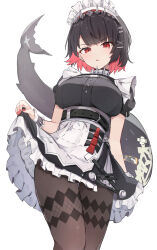  apron black_dress black_hair breasts brown_pantyhose colored_inner_hair cowboy_shot dress ear_piercing ellen_joe female fins fish_tail frilled_dress frills highres large_breasts looking_at_viewer maid_headdress multicolored_hair pantyhose parted_lips piercing red_eyes red_hair shark_tail short_hair shuuzo3 simple_background skirt_hold solo standing tail white_apron white_background zenless_zone_zero 