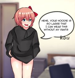  1female 1girls blue_eyes bow doki_doki_literature_club english_text female_focus hairbow hairbow hoodie hoodie_only kkflick no_pants open_mouth open_mouth pantsless pantsless_female red_bow red_hair_bow red_hairbow sayori_(doki_doki_literature_club) solo_focus speech_bubble strawberry_blonde_hair text text_bubble thighs 