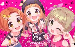  animal_hood anniversary black_shirt black_wristband blonde_hair blunt_bangs blush bow brown_hair clenched_hand clothing_cutout collarbone denim denim_shorts double_v euphoniummatsu flat_chest green_eyes hair_ornament hair_ribbon hairbow hairclip heart heart_background highres hood ichihara_nina idolmaster idolmaster_cinderella_girls idolmaster_cinderella_girls_starlight_stage long_hair looking_at_viewer midriff multiple_girls navel one_eye_closed open_mouth pink_background pink_ribbon pink_shirt pink_shorts pom_pom_(clothes) purple_wristband ribbon ryuzaki_kaoru shirt short_hair short_sleeves shorts shoulder_cutout signature smile sparkle teeth thick_eyebrows twintails upper_body upper_teeth_only v v-shaped_eyebrows very_long_hair yellow_bow yellow_eyes yellow_ribbon yellow_wristband yokoyama_chika 