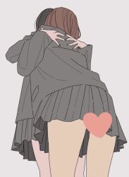  2girls censored grey_jacket grey_skirt heart heart_censor highres hug implied_kiss jacket kamatama_rom long_sleeves multiple_girls original pleated_skirt school_uniform simple_background skirt sleeves_past_wrists white_background yuri 