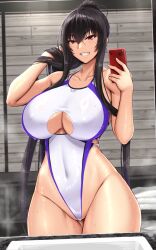  akitsuki_karasu arm_up bathroom black_hair breasts cellphone changing_room clothing_cutout collarbone competition_swimsuit covered_navel eyebrows_hidden_by_hair female hair_between_eyes highres holding kurochijo large_breasts long_hair looking_at_viewer mirror mirror_image navel one-piece_swimsuit open_mouth original phone ponytail red_eyes sidelocks sink smartphone solo swimsuit teeth thighs wide_hips 