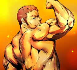  1boy bara biceps blue_eyes doro_rich facial_hair flexing frown gyee male_focus manly mature_male muscular muscular_male orange_background orange_hair rand_(gyee) short_hair simple_background smirk solo stubble thick_arms thick_eyebrows topless_male 