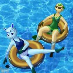  absurd_res anthro bikini blue_body blue_clothing blue_eyes blue_fur blue_hair blue_swimwear bottomwear breasts brown_body brown_fur closed_eyes clothing duo ear_piercing ear_ring eeveelution eyewear female fur generation_4_pokemon glaceon green_body green_clothing green_fur green_swimwear hair hi_res inflatable inner_tube jewelry leafeon lisa_devellis marissa_reinhart necklace nintendo one-piece_swimsuit pattern_clothing pattern_swimwear piercing pokemon pokemon_(species) pool ring_piercing scoutthecat02 skirt sleeping small_breasts smile sunglasses swimwear tail tan_body tan_fur thick_thighs towel towel_wrap two-piece_swimsuit wet wet_body wet_clothing wet_hair 