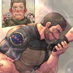  artist_logo artist_name bandaid bandaid_on_face bear beard_stubble blush brown_eyes brown_hair chibi chris_redfield facial_hair gloves heart highres holding_hands implied_yaoi jewelry kneeling large_pectorals male_focus multiple_boys multiple_girls muscular muscular_male nose_blush onionworkshop open_mouth pectorals piers_nivans resident_evil ring scarf short_hair shy smirk spiked_hair stubble thick_arms thick_eyebrows tight_clothes twitter_username upper_body veins yaoi 