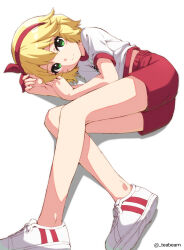  blonde_hair bow green_eyes gym_uniform hair_between_eyes hairband highres idolmaster idolmaster_cinderella_girls idolmaster_cinderella_girls_u149 looking_at_viewer lying on_side sakurai_momoka short_shorts shorts teabeam 