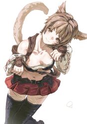  absurdres animal_ears bimel_isabella black_thighhighs brown_eyes brown_hair cat_ears cat_girl detached_sleeves facial_mark female final_fantasy final_fantasy_xiv highres looking_at_viewer miqo&#039;te paw_pose red_skirt short_hair skirt solo thighhighs whisker_markings white_background 