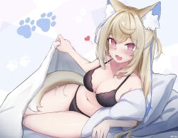  :3 :d absurdres alternate_costume animal_ears bed_invitation black_bra black_panties blonde_hair blue_hair blush bra breasts cleavage commentary crossed_bangs dog_ears dog_girl dog_tail double-parted_bangs english_commentary female fuwawa_abyssgard hair_between_eyes heart highres hololive hololive_english lace lace_bra large_breasts lifting_covers lingerie long_hair looking_at_viewer lying miixxc multicolored_hair navel on_side panties pillow red_eyes smile solo stomach streaked_hair tail two_side_up under_covers underwear underwear_only virtual_youtuber 