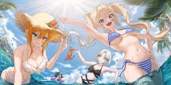  4girls absurdres ahoge aqua_eyes bare_shoulders bikini black_bikini black_hair black_one-piece_swimsuit blonde_hair blue_bikini blue_eyes blue_sky breasts cleavage clenched_teeth cloud collarbone commentary crab day drake_(nikke) english_commentary goddess_of_victory:_nikke grin hair_between_eyes hair_ornament hair_ribbon highres incredibly_absurdres kimright0 laplace_(nikke) large_breasts long_hair looking_at_viewer matis_(nikke) maxwell_(nikke) medium_breasts medium_hair multiple_girls navel oerba_yun_fang one-piece_swimsuit open_mouth orange_hair outdoors palm_tree red_eyes ribbon short_hair sidelocks sky small_breasts smile sparkle standing sticker sticker_on_face stomach striped_bikini striped_clothes sunlight swim_ring swimming swimsuit syuen_(nikke) tearing_up teeth tree twintails water water_drop wet white_bikini white_hair 