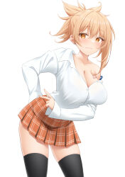  akira_(sayo_dayoo) alternate_breast_size alternate_costume black_thighhighs blonde_hair breasts chest_tattoo cleavage commentary female genshin_impact hair_between_eyes hand_on_own_ass highres large_breasts light_blush long_sleeves looking_at_viewer nail_polish off_shoulder orange_eyes orange_skirt pleated_skirt shirt short_hair_with_long_locks single_bare_shoulder skirt solo strap_slip tattoo thighhighs v white_shirt yoimiya_(genshin_impact) 