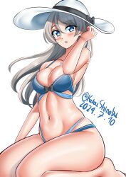  absurdres bikini blue_bikini blue_eyes breasts cleavage dated female grey_hair hair_between_eyes hat highres javelin_(kancolle) kantai_collection katou_shinobu long_hair loose_hair_strand medium_breasts multi-strapped_bikini_bottom multi-strapped_bikini_top navel one-hour_drawing_challenge seiza sitting solo sun_hat swimsuit twitter_username white_hat 