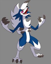  ambiguous_gender anthro blue_body blue_fur claws fur generation_7_pokemon grey_background hands_open lycanroc midnight_lycanroc nintendo open_mouth pink_eyes pokemon pokemon_(species) shiny_pokemon simple_background smile solo teeth_showing thegreatmatsutzu tongue_showing white_body white_fur 