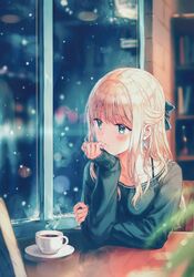  absurdres blonde_hair blue_eyes blue_ribbon blurry blush bokeh bra_strap cafe chair coffee collarbone cup depth_of_field earrings elbows_on_table female hair_ribbon half_updo hand_on_own_arm hand_on_own_chin head_rest highres hiten_(hitenkei) indoors jewelry kagurazaka_reina long_hair long_sleeves looking_away looking_outside looking_to_the_side off_shoulder original ribbon saucer scan sitting sleeves_past_wrists snow solo steam sweater table teacup upper_body window wistful 