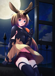  armor armored_dress blue_eyes breastplate bunny_ears carrot female horn legwear long_hair moon moon_al-mi&#039;raj navel shadowverse shingeki_no_bahamut shorts solo 