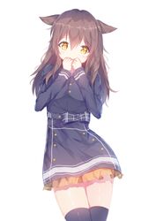  animal_ears belt blush brown_hair cat_ears commentary dress female frilled_dress frills hair_between_eyes hands_on_own_face head_tilt joshu_7 long_hair looking_at_viewer messy_hair original solo symbol-only_commentary thighhighs yellow_eyes zettai_ryouiki 